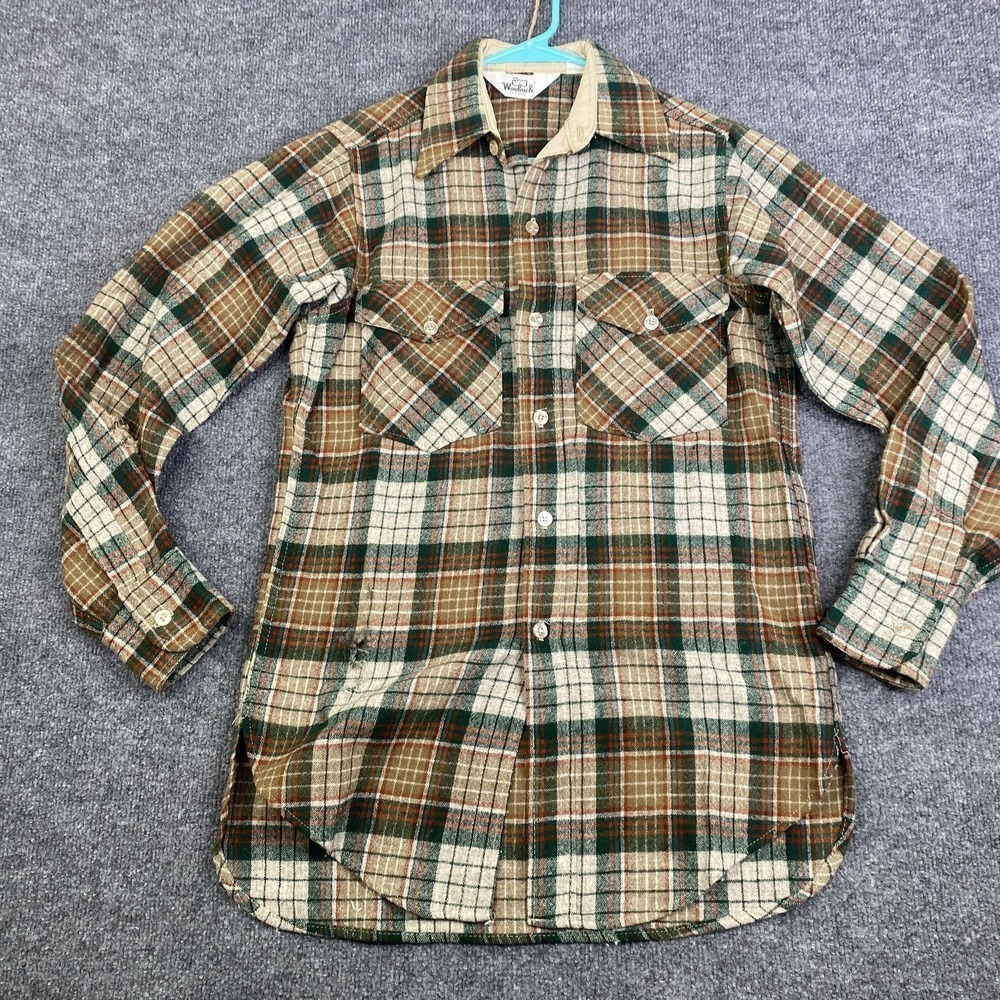 Vintage Woolrich Shirt Mens Small Green Brown Plaid Wool Made USA Flannel 90s